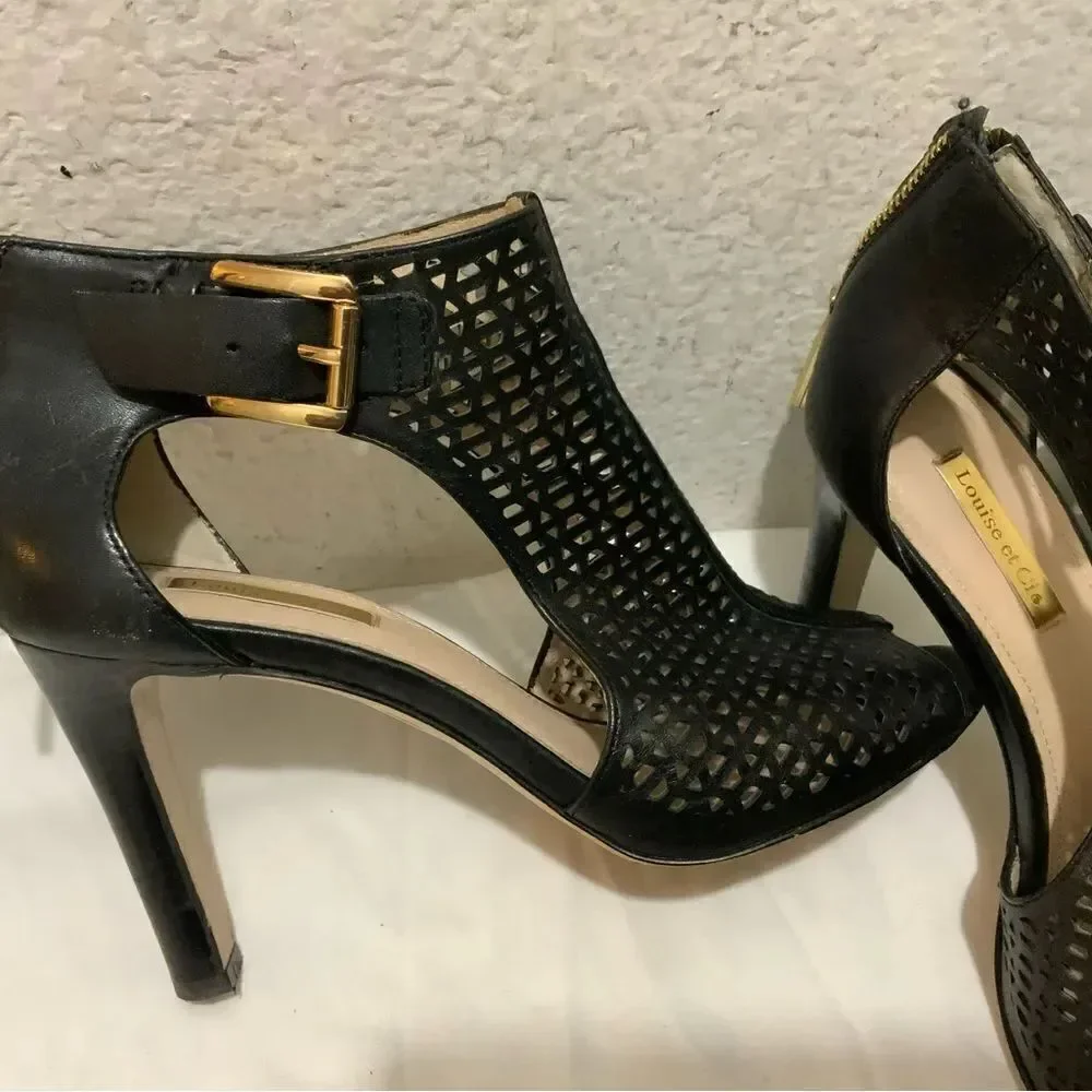 Louise et Cie Women's Black Heels Size 8 Leather Olivia Cut Out Open Toe Peep